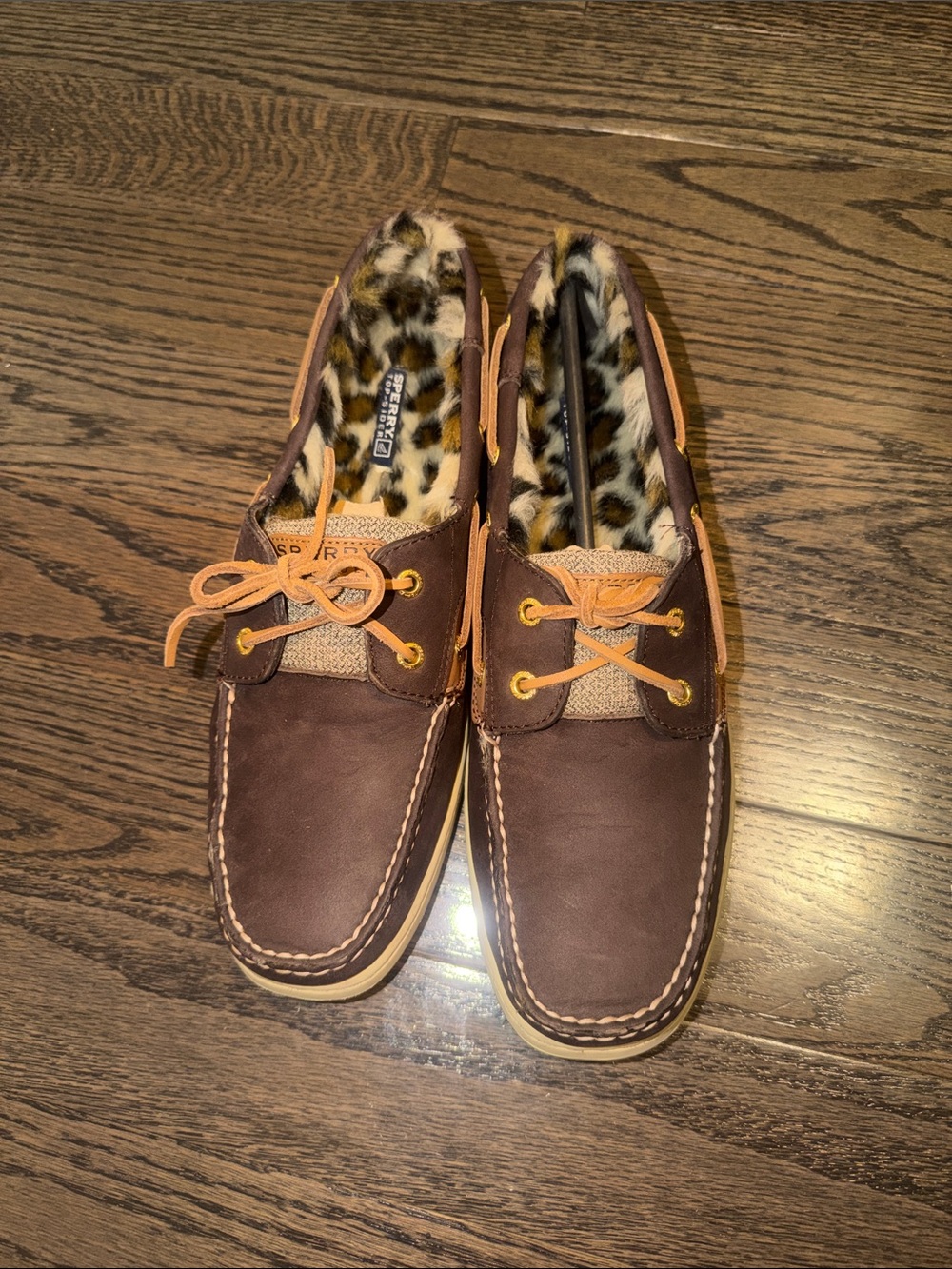Leather Sperry Bluefish Brown/Leo Fur lined Size 12M